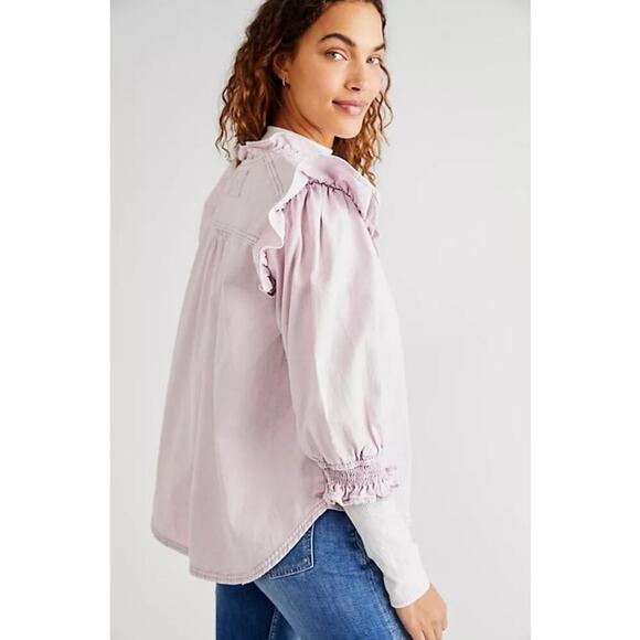 We The Free Women's 3/4 Sleeve Button Front Ruffle Louise Denim Top Size L Lilac - Picture 3 of 10